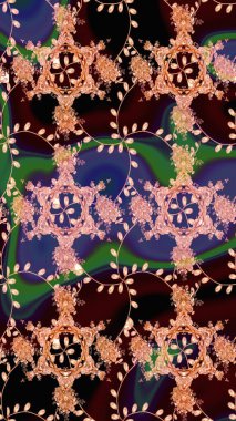 Raster illüstrasyonu. Kahverengi ve siyah renkli Asya tekstili. Kusursuz çiçek deseni.