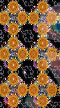 Raster illüstrasyonu. Kusursuz çiçek deseni. Asya tekstil tarzında. Raster illüstrasyonu. Siyah renkte çiçekler.