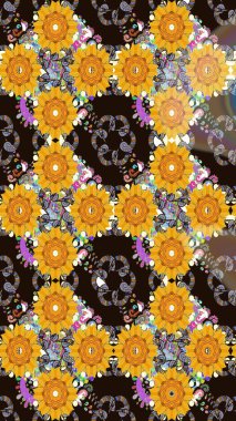 Nazikçe, sarı renkte bahar çiçekleri. Raster illüstrasyonu. Çiçek ve yapraklı karalama şeklinde Raster çiçek deseni.