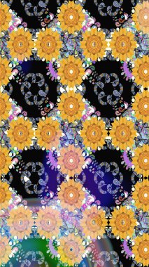 Raster illüstrasyonu. Sarı ve siyah renklere karalamalar çizen kusursuz çiçek deseni..