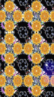 Kusursuz bir mahsul. Düz Çiçek Elementleri Tasarımı. Renkli Bahar Temalı Kusursuz Arkaplan. Raster Şirin kumaş deseni.