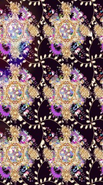 Çok renkli, zarif küçük çiçekler ve siyah renkli komik böcekler, raster desen, illüstrasyon..