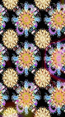 Yapraklı çiçekler ve papatya çiçekli siyah ve bej renkli. Raster - stok. Kusursuz arkaplan deseni.