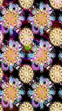 Renkli Bahar Temalı Kusursuz Arkaplan. Düz Çiçek Elementleri Tasarım Raster illüstrasyonu. Siyah ve bej renkli çiçekler. Çiçeksiz desenli arka plan.