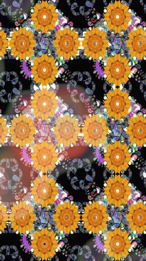 Parmak izi, kumaş, duvar kâğıdı, tekstil için raster dokusu. Renkli grunge soyut arka planda coloyellow ve siyah çiçeklerle gelişir. İşlemeli çiçek desenli..