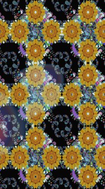 Düz Çiçek Elementleri Tasarımı. Raster Illustrasyon 'da moda olmayan çiçek deseni. Renkli Yaz Temalı Kusursuz Arkaplan. Siyah renkte çiçekler.