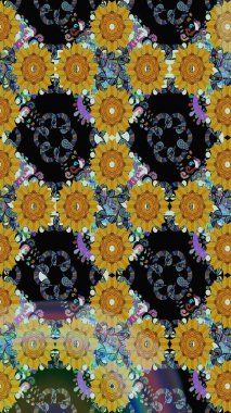 Raster Çiçek İllüstrasyonu güzel tekstil. Siyah renkli etnik çiçeklerle kusursuz bir desen..