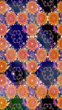 Turuncu ve mavi renkli çiçekler. Kusursuz çiçek deseni. Asya tekstil tarzında. Raster illüstrasyonu. Raster illüstrasyonu.