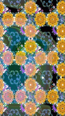 Dallı bahar çiçekleriyle desen, mavi renklerle çiçek siluetiyle desen. Raster deseni.