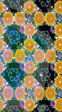 Raster illüstrasyonu. Çiçek duvar kağıdı. Kusursuz desen. Hint süsü. Mavi ve yeşil renklerde. Renkli süs kenarı.