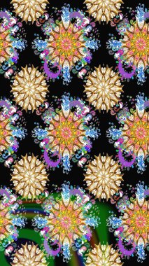 Çiçeksiz desenli nakış işlemeli gelincikler ve vadideki zambaklar. Tekstil tasarımı için siyah ve bej renkli Raster geleneksel çiçek buketi.