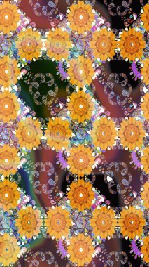 Çiçekli karalama şeklinde Raster çiçek deseni. Kahverengi ve sarı renkli çiçekler. Yumuşak, yaz çiçekli arka plan.