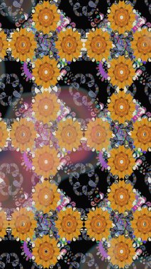 Raster. Siyah ve turuncu renkli güzel çiçekli kusursuz desen, suluboya çiçek deseni, duvar kağıdı, kart veya kumaş için fayanslı.