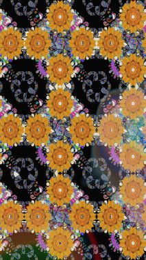 Soyut etnik raster kusursuz desen. Arkaplan dokusu, duvar kağıdı, çiçek teması siyah ve sarı renklerde. Kabile sanatı boho baskısı, klasik çiçek arkaplanı.