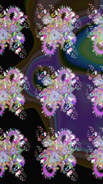 Raster illüstrasyonu. Yumuşak, bahar çiçekleri siyah ve mor renklerde. Raster deseni. Patlayan çiçekler soyut yerleştirilmiş.