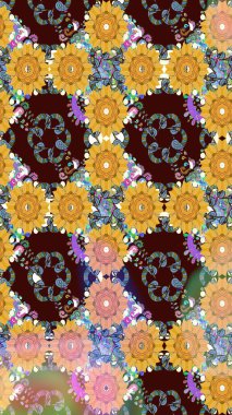 Elle çizilmiş çiçek deseni (fayans). Tekstil için dikişsiz suluboya desen. Şirin çiçekli, desenli, kahverengi desenli..