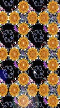 Siyah renkli çiçekler. El çizimi çiçekli, soyut, pürüzsüz desen. Raster illüstrasyonu.