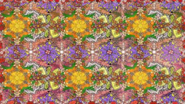 Raster illüstrasyonu. Düz Çiçek Elementleri Tasarımı. Kusursuz desenli, modaya uygun kumaş deseni. Renkli Bahar Temalı Kusursuz Arkaplan. Şirin çiçek elementleri..