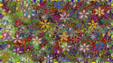 Yumuşak, yeşil renkli bahar çiçekleri. Raster deseni. Patlayan çiçekler soyut olarak yerleştirilmiş. Raster illüstrasyonu.