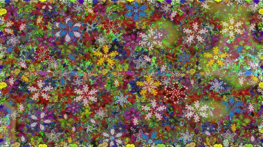 Çocuksu tasarım. El çizimi çiçekli, pürüzsüz bir desen. Tekstil, kumaş, ambalaj, hatıra defteri için hoş bir çiçek arkaplanı. Yeşil arkaplanda.