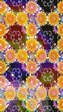 Halk tarzı. Moda baskıları için zarif bir şablon. Modern çiçek arkaplanı. Parlak renkli çiçekleri ve sarı yaprakları olan kusursuz çiçek desenleri..