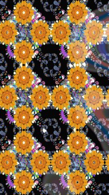 Klasik çiçekler. El çizimi, soyut ve süslü elementler. Yaz çiçekleri teması. Suluboya resim taklit Raster çizimi. Siyah renkler.