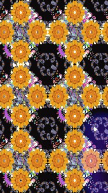 Raster illüstrasyonu. Raster illüstrasyonu. Sarı renkli çiçekler. Kusursuz çiçek deseni. Asya tekstil tarzında.