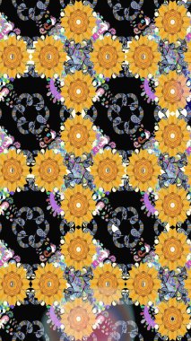 Süslü kumaş deseni. Düz Çiçek Elementleri Tasarımı. Renkli Bahar Temalı Kusursuz Arkaplan. Raster illüstrasyonunda kusursuz çiçek deseni.