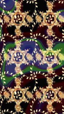 Raster illüstrasyonu. Eski usul. Kusursuz bir geçmişi var. Renkli şal desenli, kahverengi ve siyah çiçekli ve dekoratif elementli kusursuz desen. Kumaş, tekstil ve duvar kağıdı baskısı için..