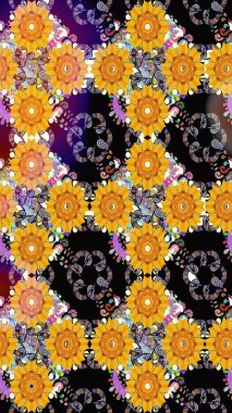 Raster illüstrasyonunda kusursuz çiçek deseni. Suluboya tarzında sarı ve siyah renkte çiçekler.