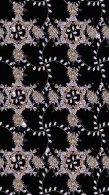 Raster illüstrasyonu. Kumaş, tekstil, duvar kağıdı baskısı için. Eski usul. Renkli desenli, siyah ve nötr çiçekli ve dekoratif elementli kusursuz desen. Kusursuz arkaplan.