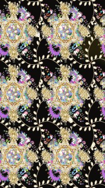 Çiçekli ipek eşarp. El çizimi çiçek unsurları olan soyut, dikişsiz raster deseni. Retro tekstil tasarım koleksiyonu. Siyah üstüne siyah. 1950 'ler-1960' lar motifleri.