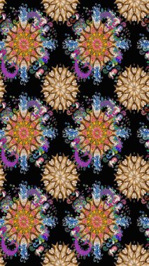 Renkli Bahar Temalı Kusursuz Arkaplan. Süslü kumaş deseni. Düz Çiçek Elementleri Tasarımı. Raster illüstrasyonunda kusursuz çiçek deseni.