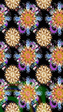 Düz Çiçek Elementleri Tasarımı. Raster illüstrasyonunda kusursuz çiçek deseni. Siyah ve kahverengi renkte çiçekler. Renkli Bahar Teması Kusursuz Arkaplan.