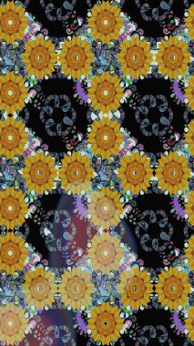 Raster düz çiçekleri pürüzsüz desen. Siyah ve sarı renkli çiçekler. Tasarım hediye paketi, tebrik kartları, posterler ve afiş tasarımı.