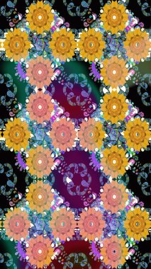 Çiçekli el, pürüzsüz desen çizmiş. Modern gelişim sarı ve mavi raster arka plan duvar kâğıdı illüstrasyonu klasik çizgili iz sürme desenli çiçekler, çiçekli süsler.