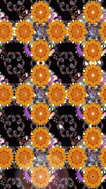 Raster illüstrasyonu. Güzel kumaş deseni. Siyah ve turuncu renklerde. Raster illüstrasyonunda kusursuz çiçek deseni.