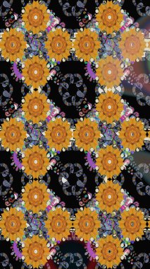 Tekstil için dikişsiz suluboya desen. Elle çizilmiş çiçek deseni (fayans). Sevimli çiçeklerle, desenli, siyah ve turuncu renklerle renksiz desenler..