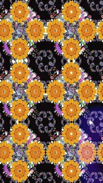 Raster illüstrasyonu. Raster illüstrasyonu. Sarı renkli çiçekler. Kusursuz çiçek deseni. Asya tekstil tarzında.