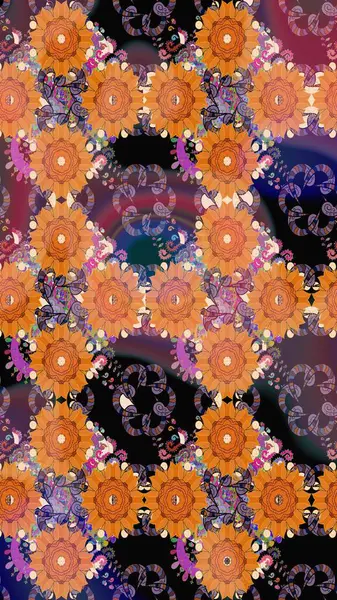 Düz Çiçek Elementleri Tasarımı. Sevimli çiçek raster deseni. Turuncu renkli çiçekler. Renkli Bahar Teması Kusursuz Arkaplan.