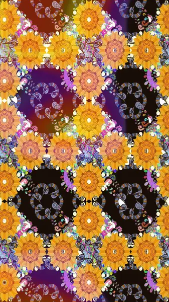 Raster çiçek izi. Çiçek sarısı, pürüzsüz desen. Klasik taslak çizimi. Raster Yumuşak kumaş deseni.