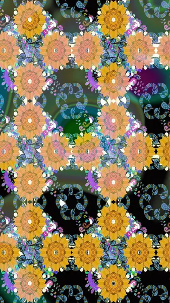 Güzel kumaş deseni. Kusursuz çiçek deseni. Asya tekstil tarzında. Renkli Bahar Temalı Kusursuz Arkaplan. Raster illüstrasyonu. Düz Çiçek Elementleri Tasarımı.