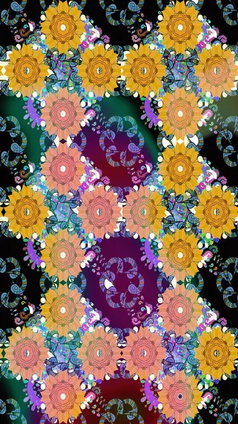 Çiçekli el, pürüzsüz desen çizmiş. Modern gelişim sarı ve mavi raster arka plan duvar kâğıdı illüstrasyonu klasik çizgili iz sürme desenli çiçekler, çiçekli süsler.