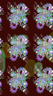 Tekstil tasarımı için geleneksel Raster çiçek buketi kahverengi renkli. Çiçeksiz desenli nakış işlemeli gelincikler ve vadi zambaklarıyla.