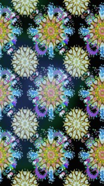 Düz Çiçek Elementleri Tasarımı. Raster Illustrasyon 'da moda olmayan çiçek deseni. Mavi ve nötr renklerde çiçekler. Renkli Yaz Temalı Kusursuz Arkaplan.