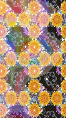 Raster illüstrasyonu. Çiçekli, suluboya desenli kusursuz çiçek deseni. Düz Çiçek Elementleri Tasarımı. Sarı renkli çiçekler. Renkli Bahar Teması Kusursuz Arkaplan.