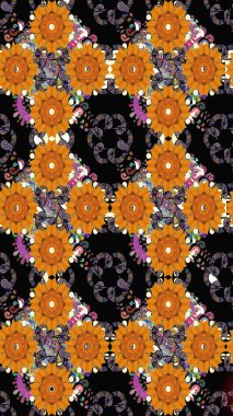 Düz Çiçek Elementleri Tasarım Raster illüstrasyonu. Renkli Bahar Temalı Kusursuz Arkaplan. Siyah renkli çiçekler. Çiçeksiz desenli arka plan.