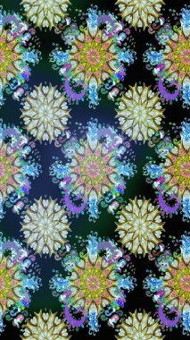 Düz Çiçek Elementleri Tasarımı. Raster Illustrasyon 'da moda olmayan çiçek deseni. Mavi ve nötr renklerde çiçekler. Renkli Yaz Temalı Kusursuz Arkaplan.