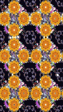 Raster illüstrasyonu. Siyah renkli çiçekler. El çizimi çiçekleri olan soyut, pürüzsüz desen.