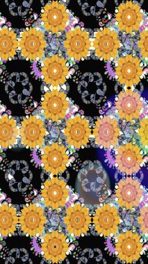 Küçük çiçekte güzel bir desen. Küçük renkli çiçekler. Moda baskıları için zarif bir şablon. Siyah ve sarı çiçekli bahar çiçekleri. Motley illüstrasyonu.